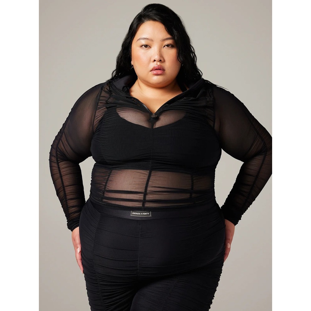 NWT Savage X Fenty Sport Black Ruched Mesh‎ Mock Neck Top - Size 1X
